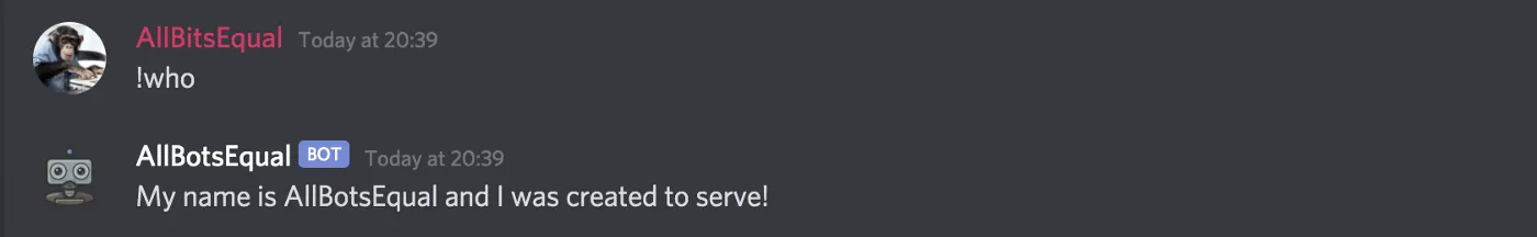 Discord-Chat – Bot antwortet auf !who mit Namen und Flair-Text