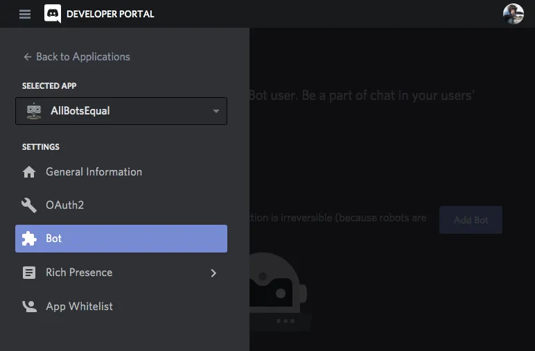 Discord Developer Portal – Add Bot zur Applikation
