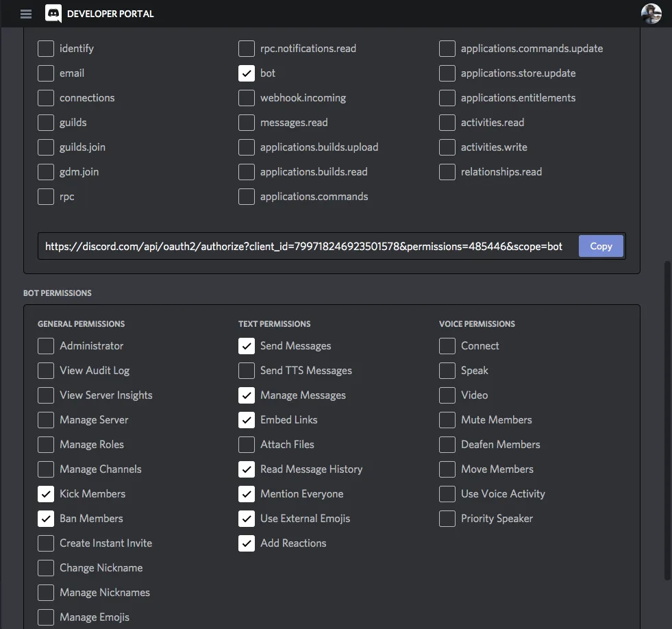 OAuth2 – Bot-Berechtigungen und generierte Einladungs-URL