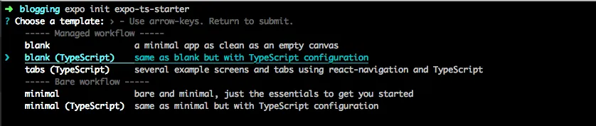 Expo init – Auswahl des leeren TypeScript-Templates in der Konsole