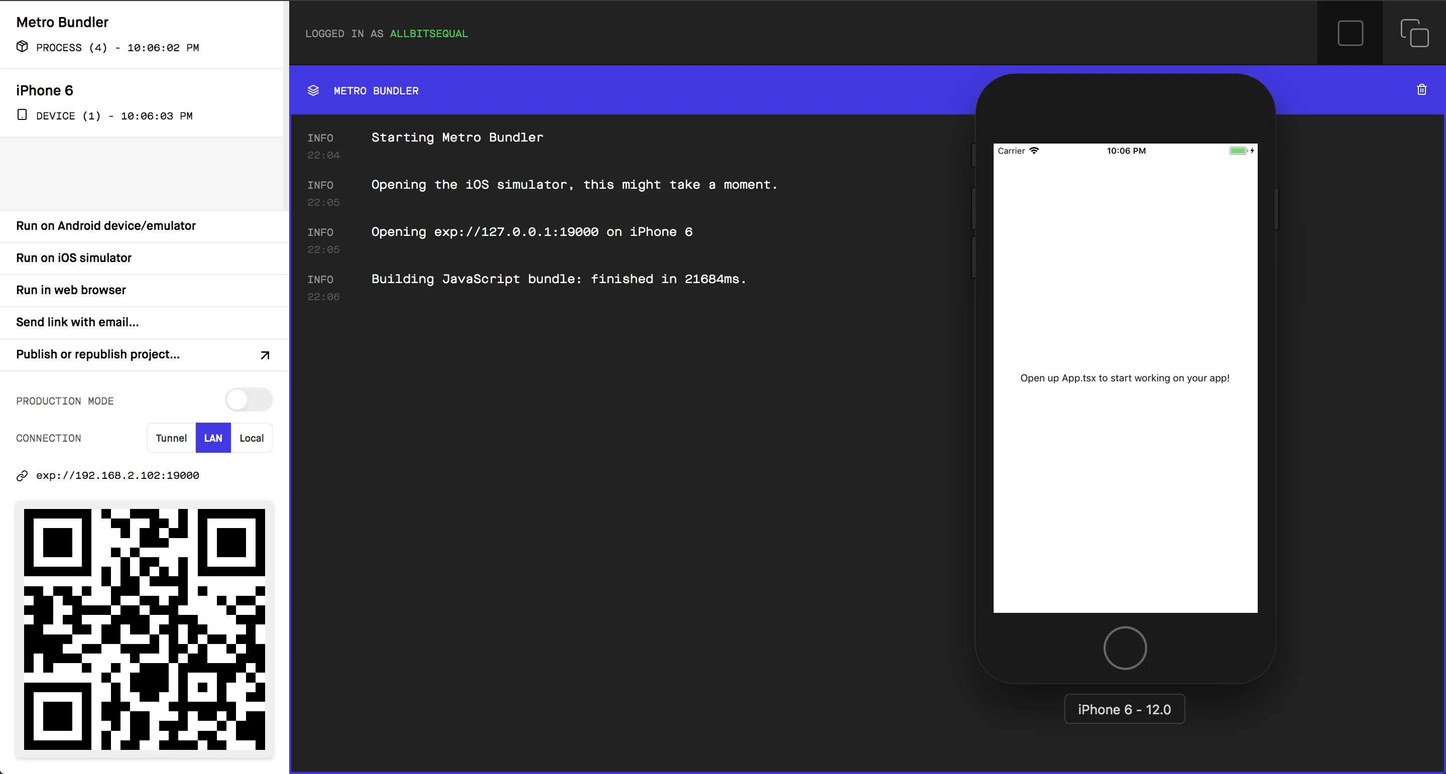 Expo Web Interface nach npm start – Projekt im Browser geöffnet