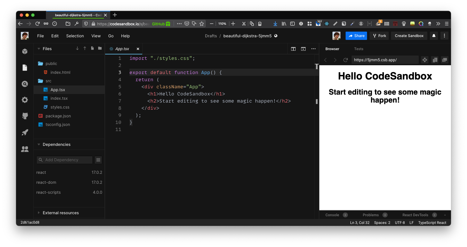 codesandbox initial view of new React project
